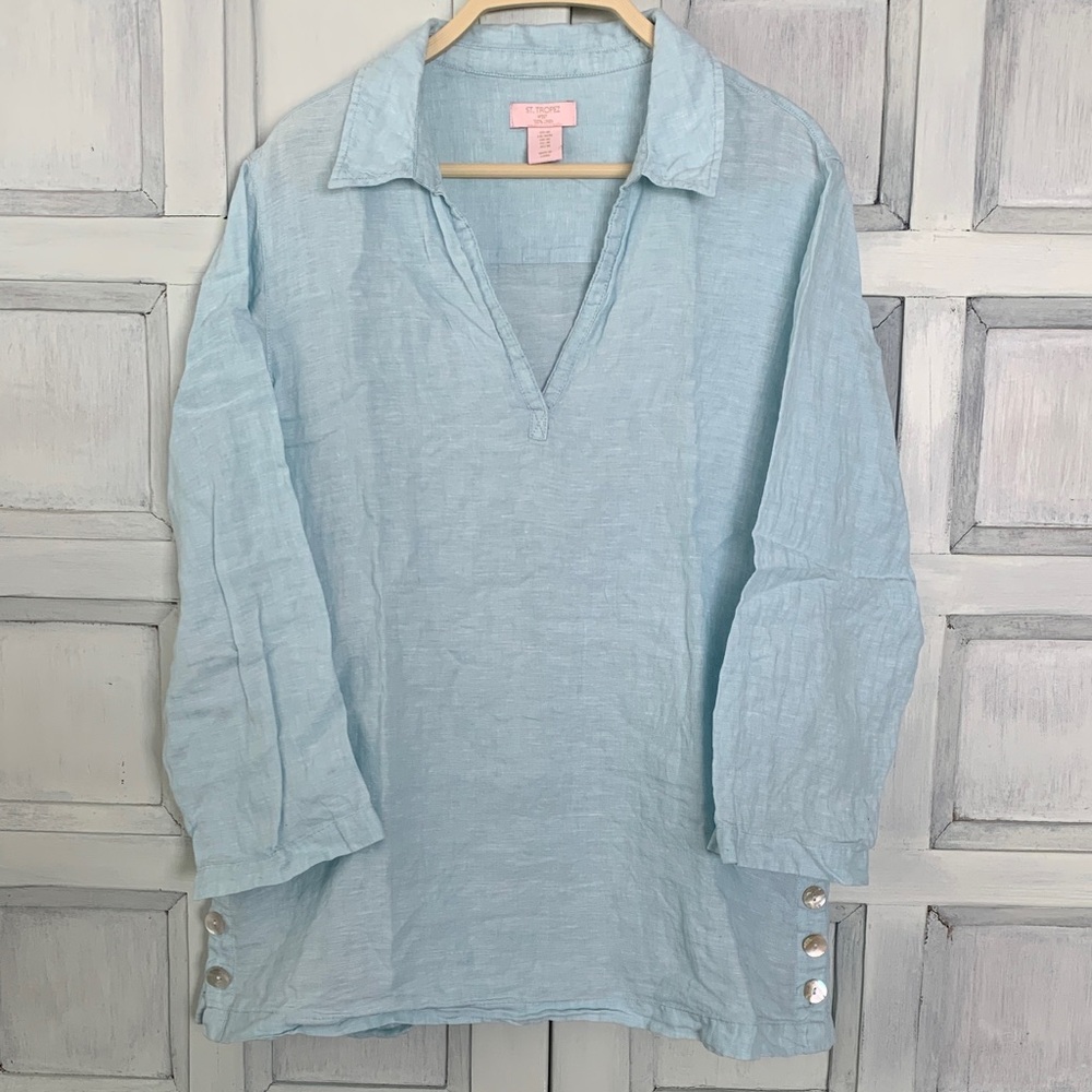 St. Tropez Light Blue Beachy Linen V-Neck Garment, Size M